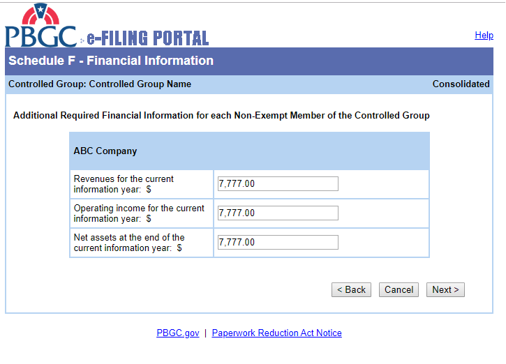 PBGC e-Filling Portal: Schedule F - Financial Information