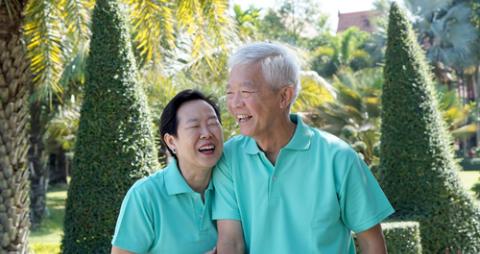 happy elderly asian couple in a park