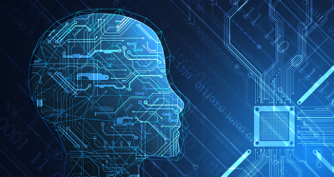 Silhouette of a human head next to circuit imagery